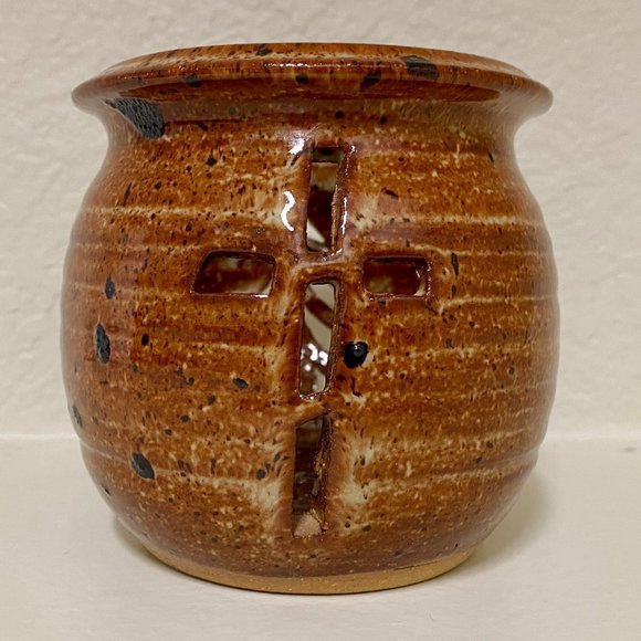 Pottery Votive Holder by M Kent with Tree and Cross Cutouts - Picture 2 of 4